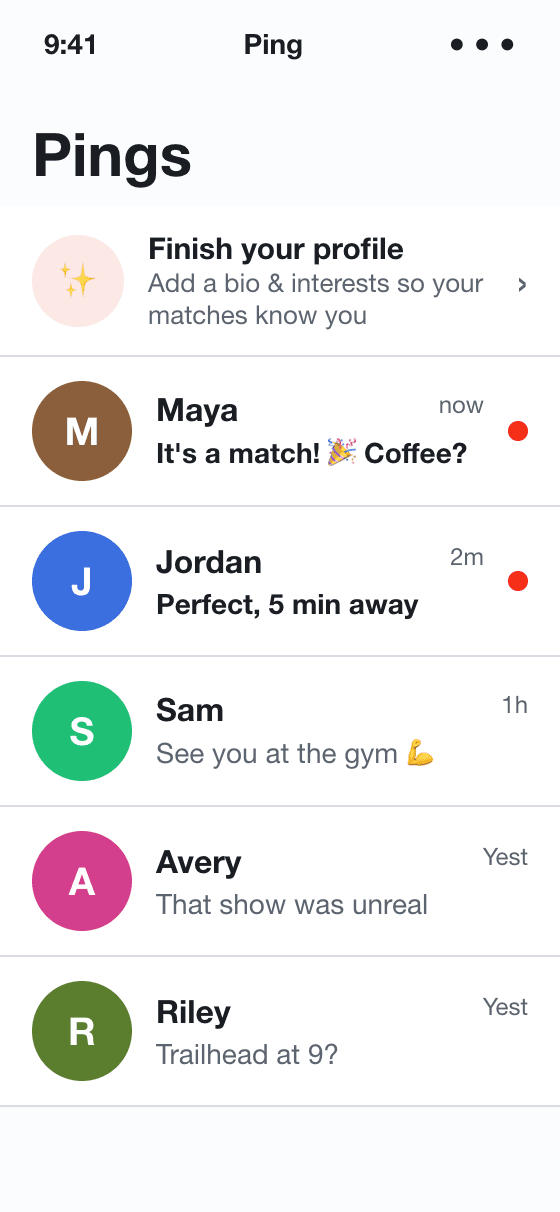Your matches — a mutual Ping opens a chat